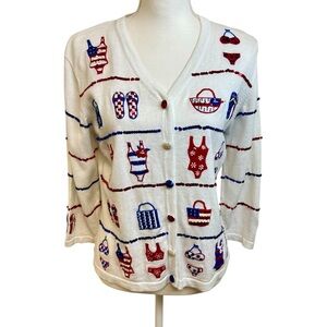 Vintage JACK B QUICK Summer Cardigan Sweater Sz M Swimsuits Flag Sandals Sequins